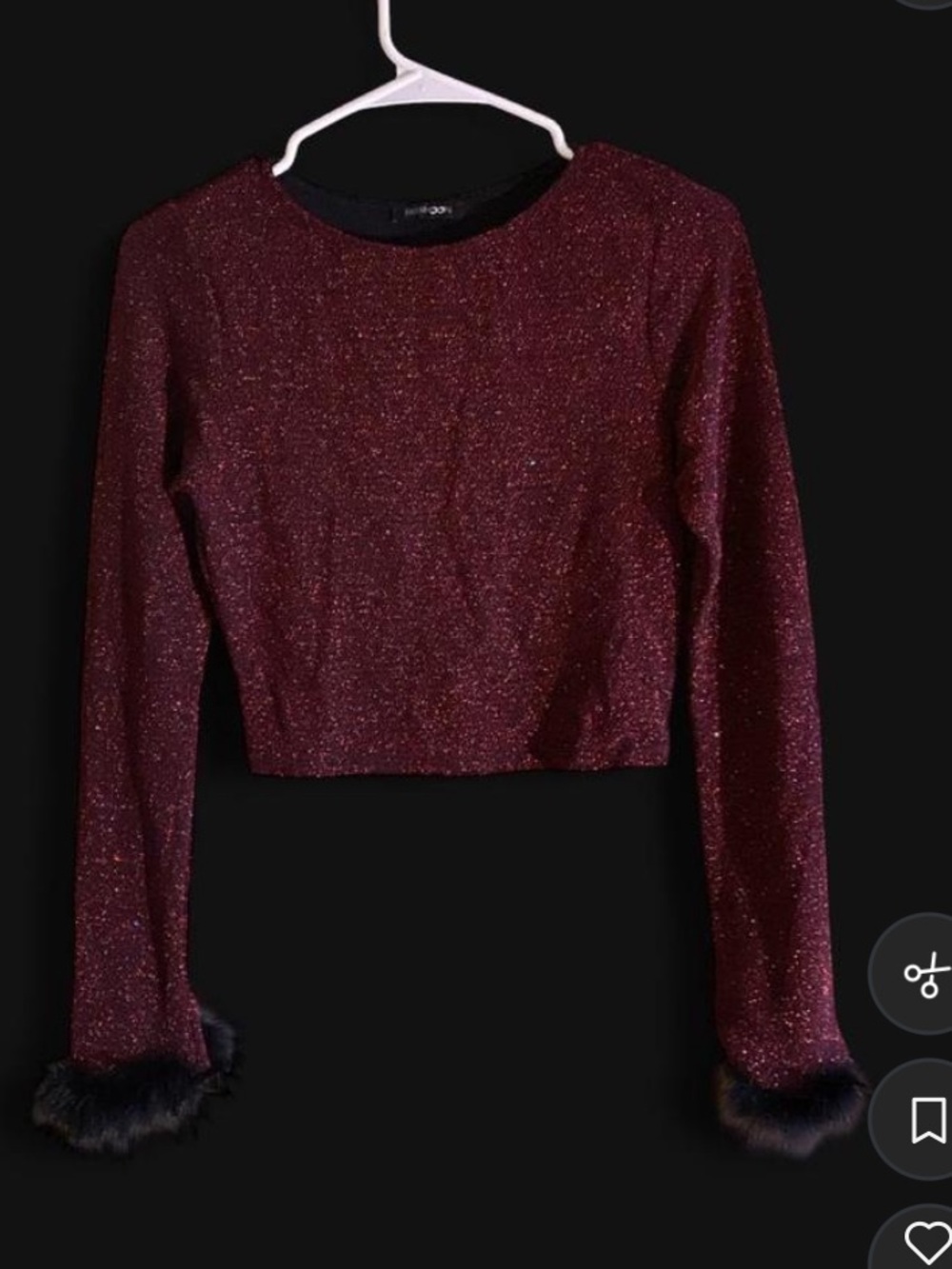 Papermoon Sparkly Burgundy Cropped Top with Faux-Fur Cuffs